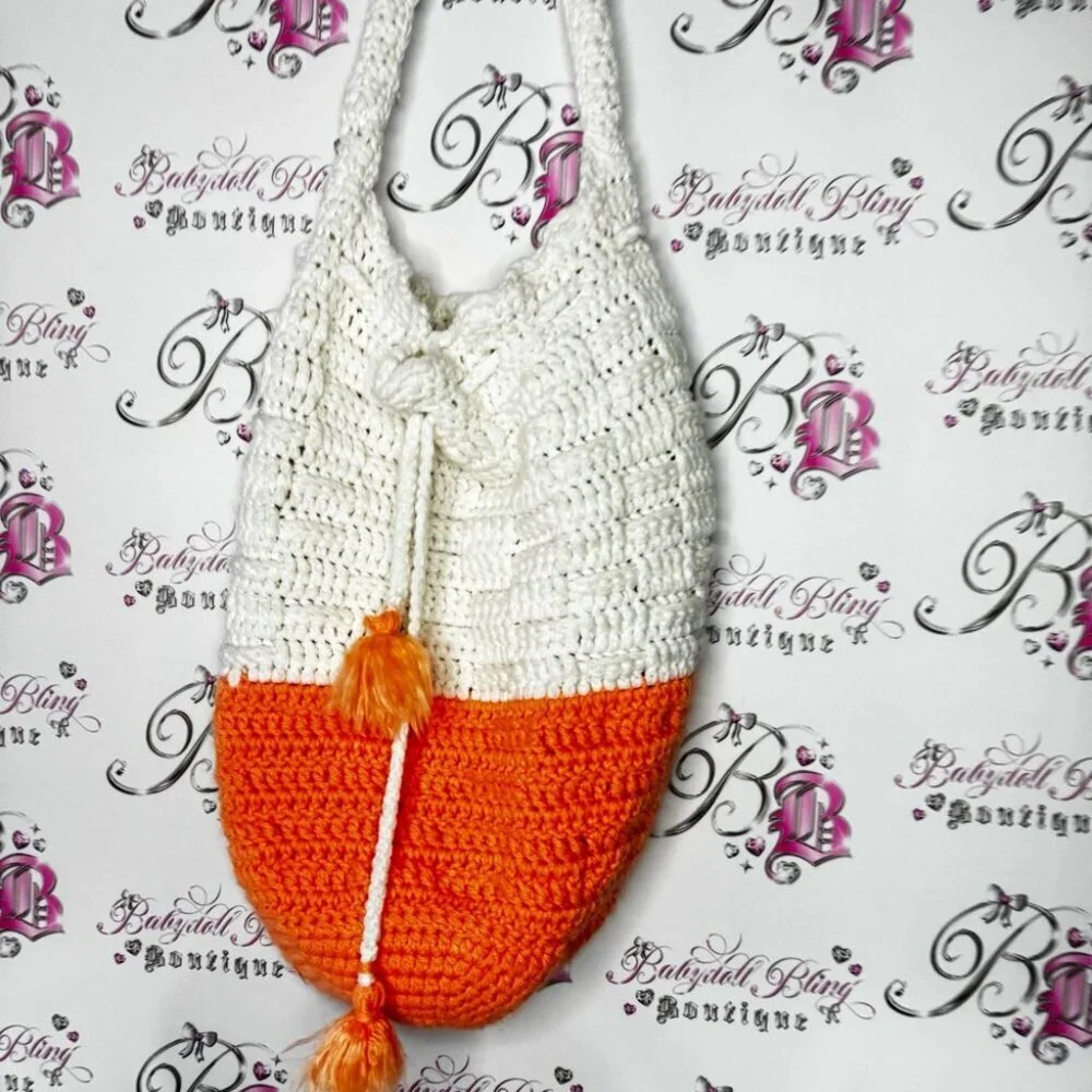 Tote handmade puff tassle Pom Pom Orange and White Crochet Shoulder Bag